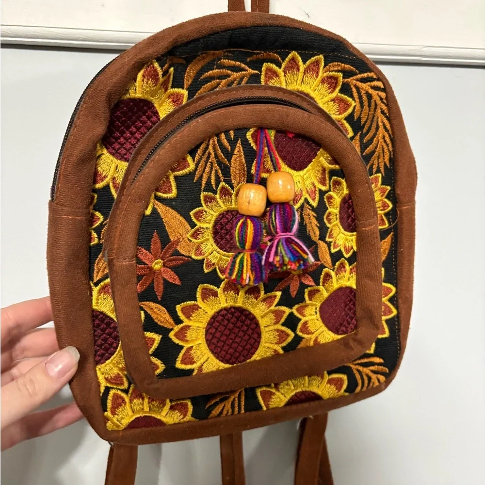 Brown Floral Embroidered Backpack - Picture 4 of 5